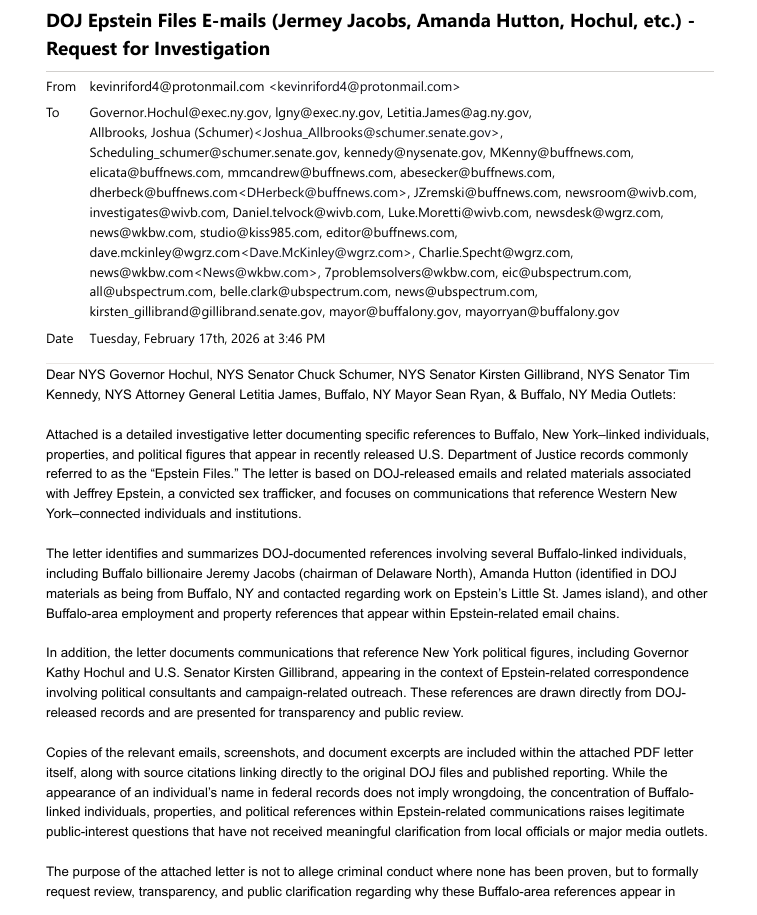 An open Letter to NYS Governor Kathy Hochul and all regarding Jeffrey Epstein’s Buffalo, NY connections.